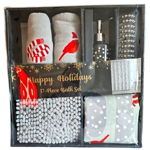 17-Piece Happy Holiday Bath Set Christmas Cardinals Gray Red New